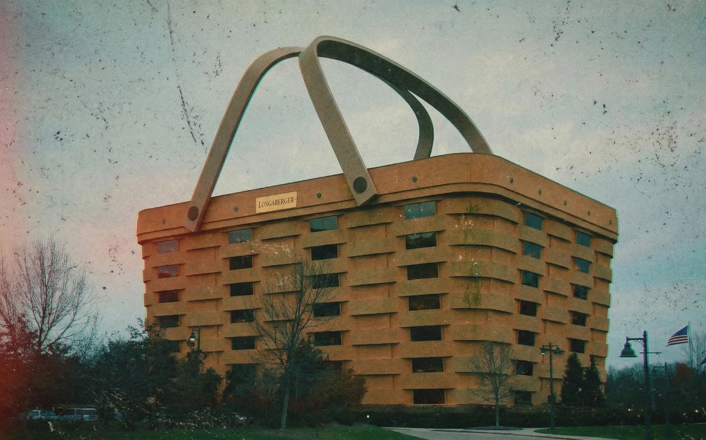 The Longaberger Company headquarters in Newark, Ohio — a seven-story office building shaped like a giant wicker basket, now empty
