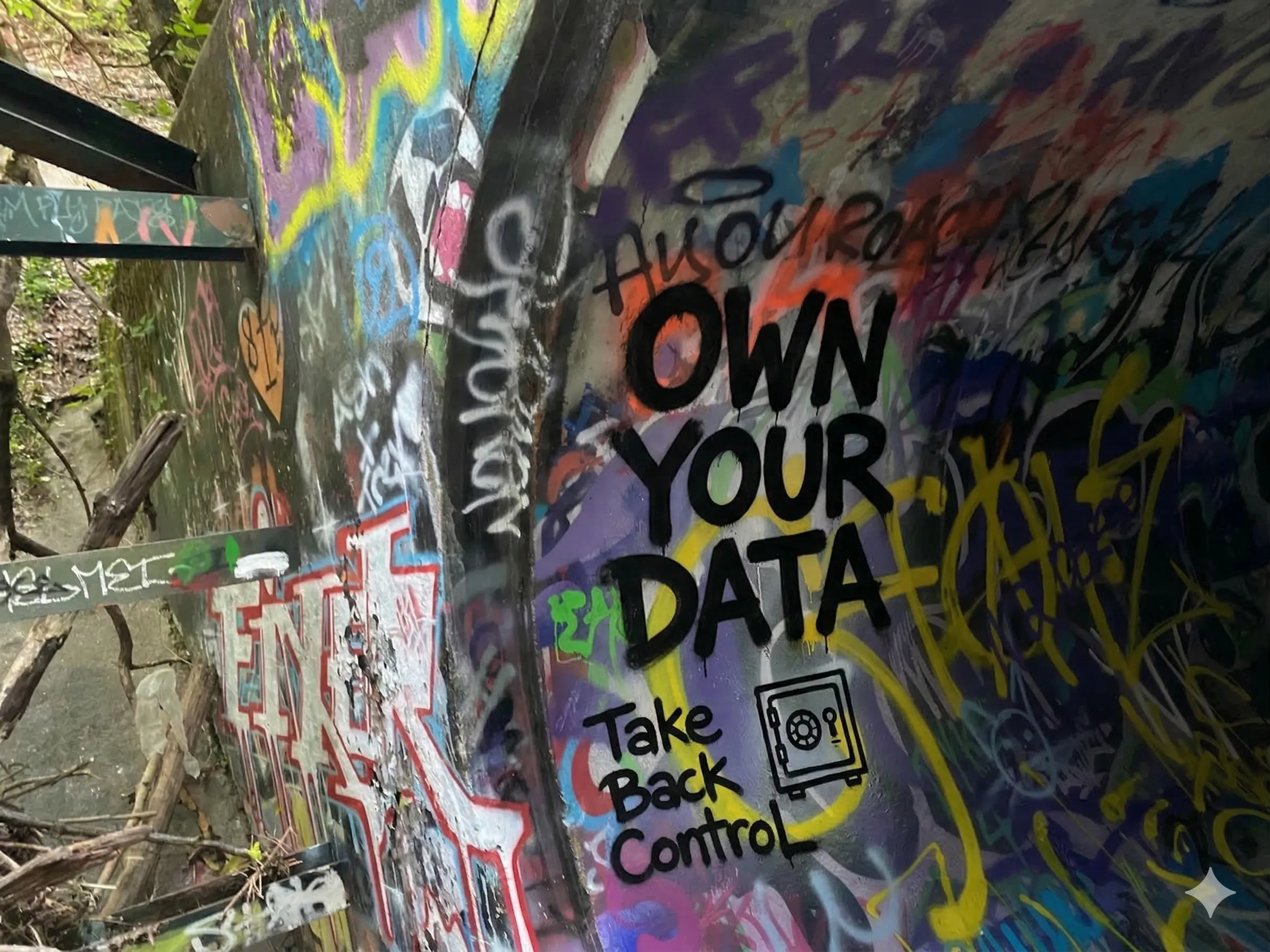 A sticker on a laptop reading 'Own Your Data' — the IndieWeb ethos