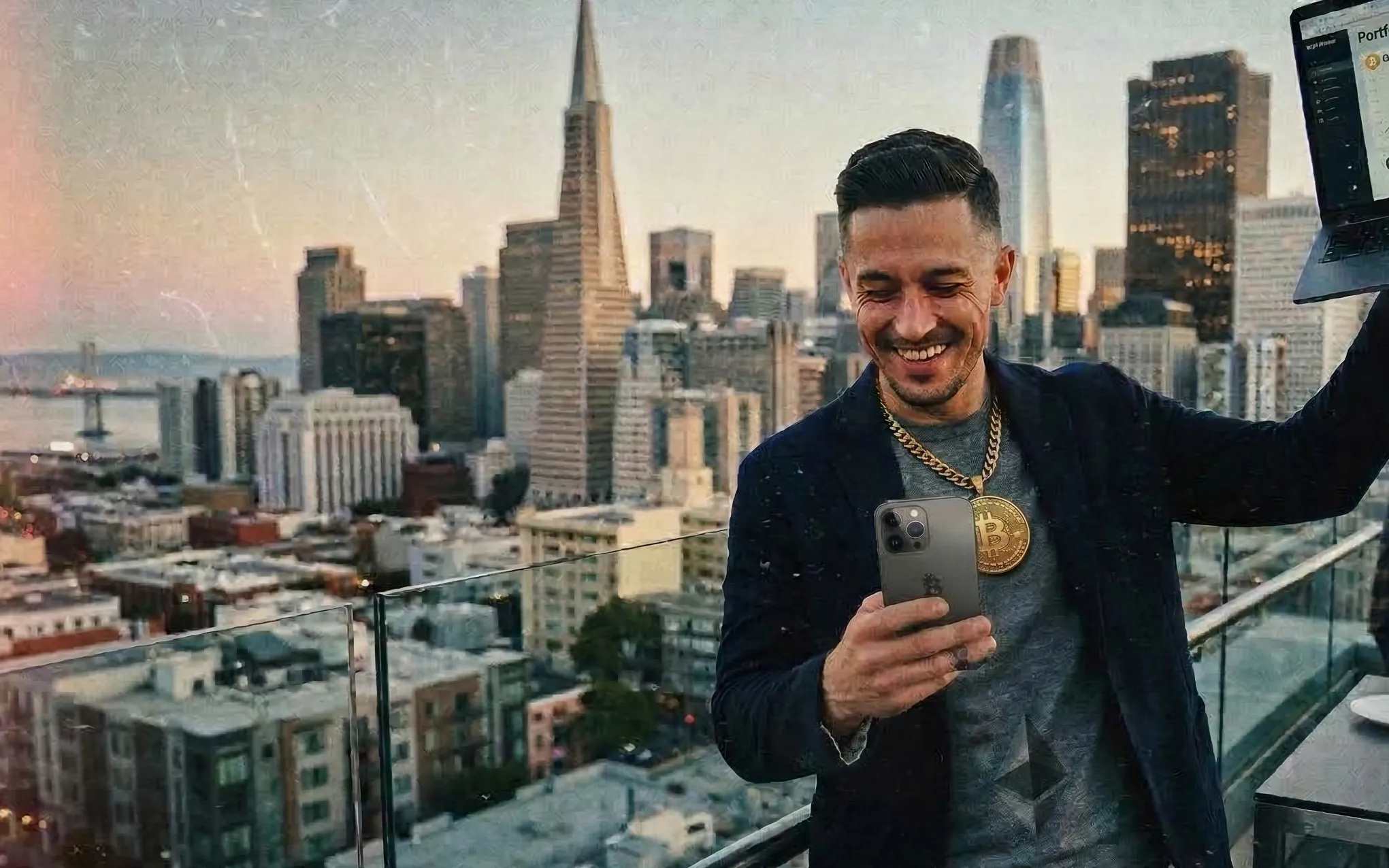A tech entrepreneur on a San Francisco rooftop, phone in hand, city skyline behind him